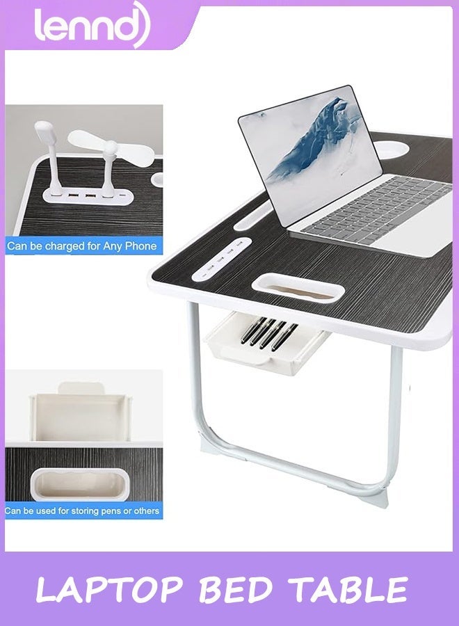 لينند طاولة سرير للكمبيوتر المحمول، مكتب كمبيوتر محمول للسرير، مكتب سرير قابل للطي للكمبيوتر المحمول مع منفذ شحن USB، مقبض، فتحة بطاقة سطح المكتب، فتحة كوب، درج جانبي، طاولة كمبيوتر محمول محمولة لتناول الطعام على السرير والقراءة والعمل - Image 3