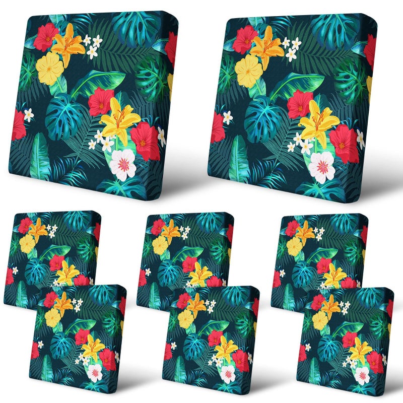 pickyNproud 8Pcs Patio Cushion Covers Stretch Outdoor Couch Cushions Slipcovers Replacement Washable Furniture Protector with Elastic Bottom Sofa Chair Seat Cover, Floral Leaves - Image 1