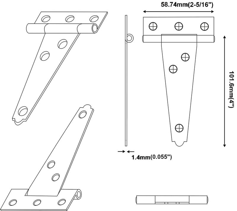 QCAA Stainless Steel Light Tee Hinge, with Stainless Steel Screw, 4" x 2-5/16" x 1.4 mm, Vibrated Stainless Steel, 4 Pack, Made in Taiwan - Image 2
