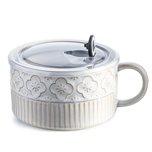 Gomakren Extra Large Soup Bowl with Handle, 39 Ounces Microwave Ramen Bowl, Ceramic Bowl with Lid, 6 Inch Soup Mug Cup for Cereal, Ramen, Instant Noodle, Beige White - Image 1