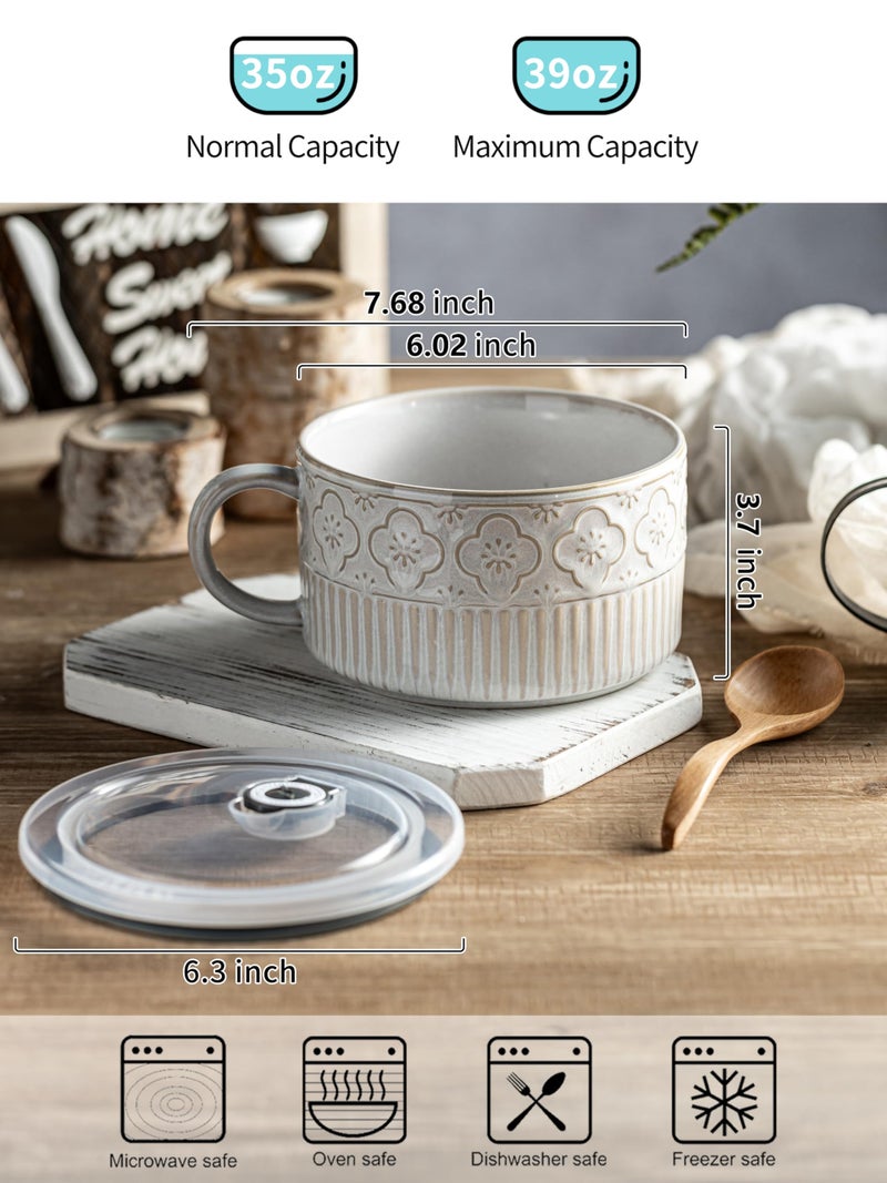Gomakren Extra Large Soup Bowl with Handle, 39 Ounces Microwave Ramen Bowl, Ceramic Bowl with Lid, 6 Inch Soup Mug Cup for Cereal, Ramen, Instant Noodle, Beige White - Image 2