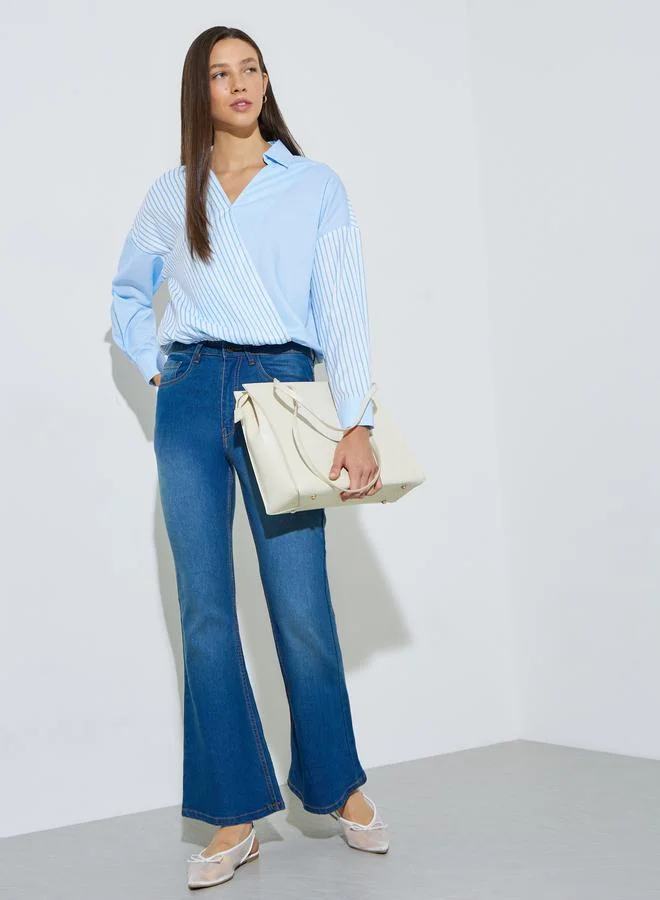 Styli Light Blue Striped Wrap Front Shirt