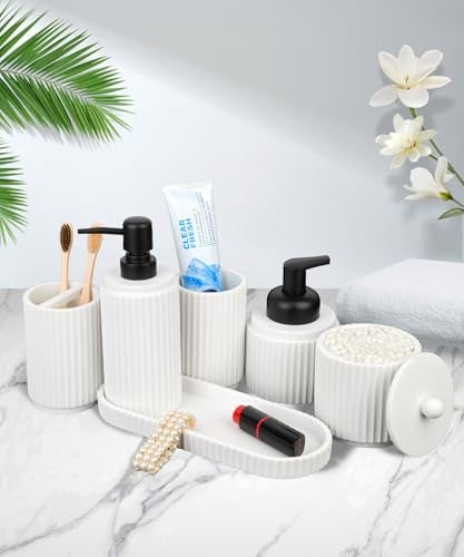 Deobath White Bathroom Accessory Set - 6 Pcs: Toothbrush Holder, Lotion & Foaming Soap Dispensers, Qtip Holder, Vanity Tray, Bathroom Tumbler, Countertop Organizer - Image 5