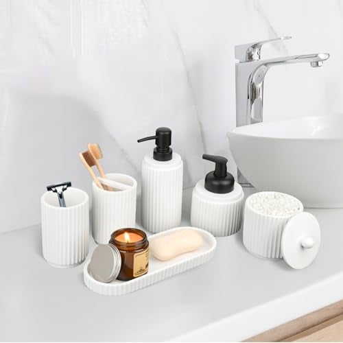 Deobath White Bathroom Accessory Set - 6 Pcs: Toothbrush Holder, Lotion & Foaming Soap Dispensers, Qtip Holder, Vanity Tray, Bathroom Tumbler, Countertop Organizer - Image 4