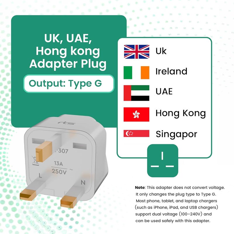 rts (2 Pack) India to England London UK Travel Plug Adapter Converter Type G Compatible with UK, UAE, Dubai, Scotland British Qatar Irish & Hong Kong - Ideal for Laptops, Mobiles, Tablets, Chargers - Image 5
