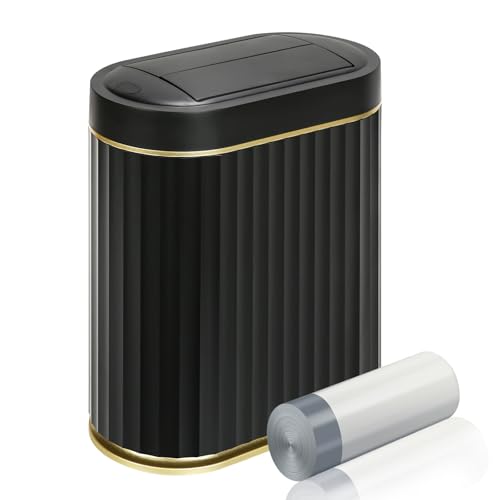 ELPHECO Bathroom Trash Can with Lid Butterfly, Motion Sensor Trash Can Bathroom Decor Automatic Garbage Can Wastebasket Bathroom Accessories, Kitchen, Living Room, Office, Black Gold - Image 1
