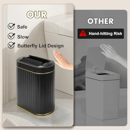 ELPHECO Bathroom Trash Can with Lid Butterfly, Motion Sensor Trash Can Bathroom Decor Automatic Garbage Can Wastebasket Bathroom Accessories, Kitchen, Living Room, Office, Black Gold - Image 5