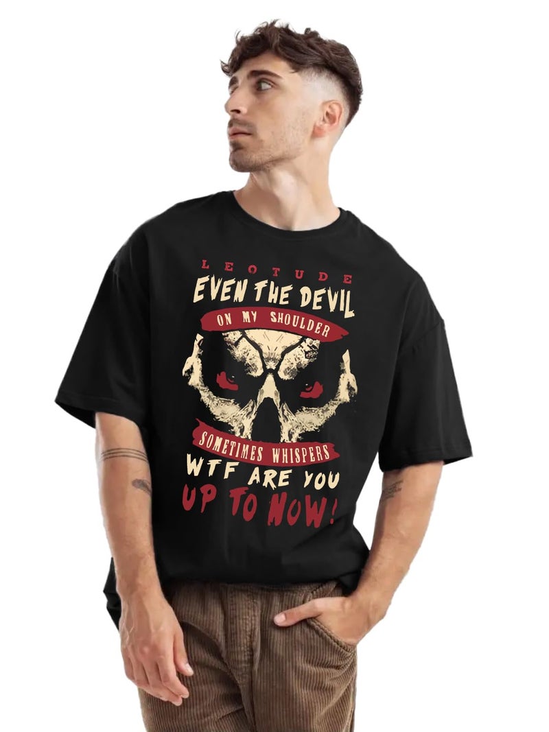 TROND®️ Premium Men's Oversized Half Sleeve Round Neck 100% Cotton Tshirt (FS49_BLK_Devil_P_Black_M) - Image 1