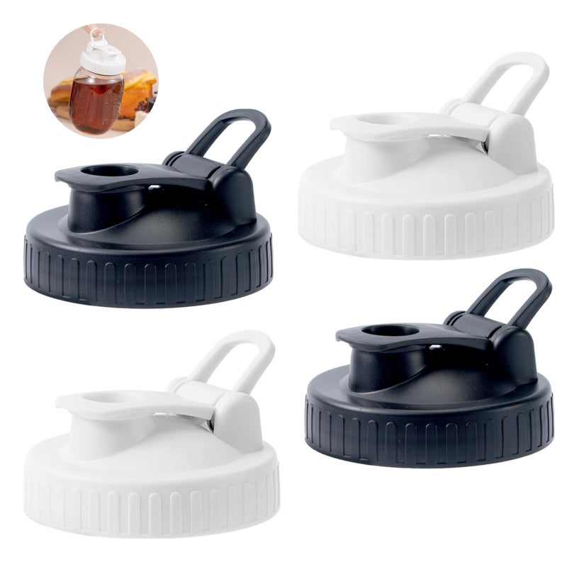 AoeJarry 4 Pack Regular Mouth Mason Jar Pour Spout, Mason Jar Pitcher Lids with Leakproof Airtight Flip Cap, Reusable Plastic Canning Lids for Drinking Salad Dressing Pouring, Ball Jar Lids, Black & White - Image 1