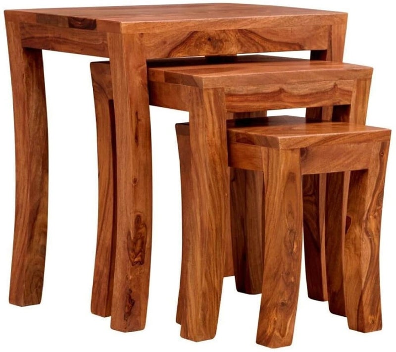UNITEK FURNITURE UNITEK FURNITURE Sheesham Wood Nesting Tables Set of 3 Stools Honey Finsih Solid Wood Nesting Table Finish Color Honey Finsih Set of 3  - Image 4
