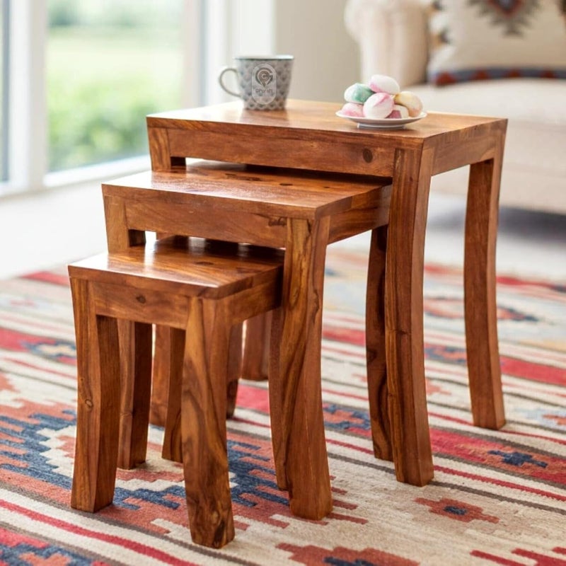 UNITEK FURNITURE UNITEK FURNITURE Sheesham Wood Nesting Tables Set of 3 Stools Honey Finsih Solid Wood Nesting Table Finish Color Honey Finsih Set of 3  - Image 3