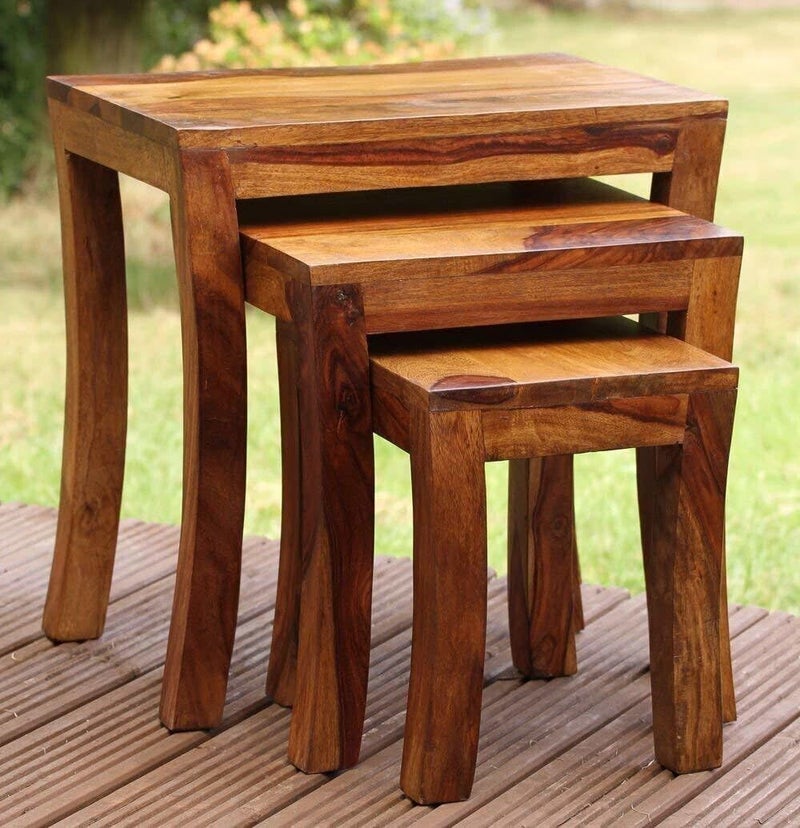 UNITEK FURNITURE UNITEK FURNITURE Sheesham Wood Nesting Tables Set of 3 Stools Honey Finsih Solid Wood Nesting Table Finish Color Honey Finsih Set of 3  - Image 1