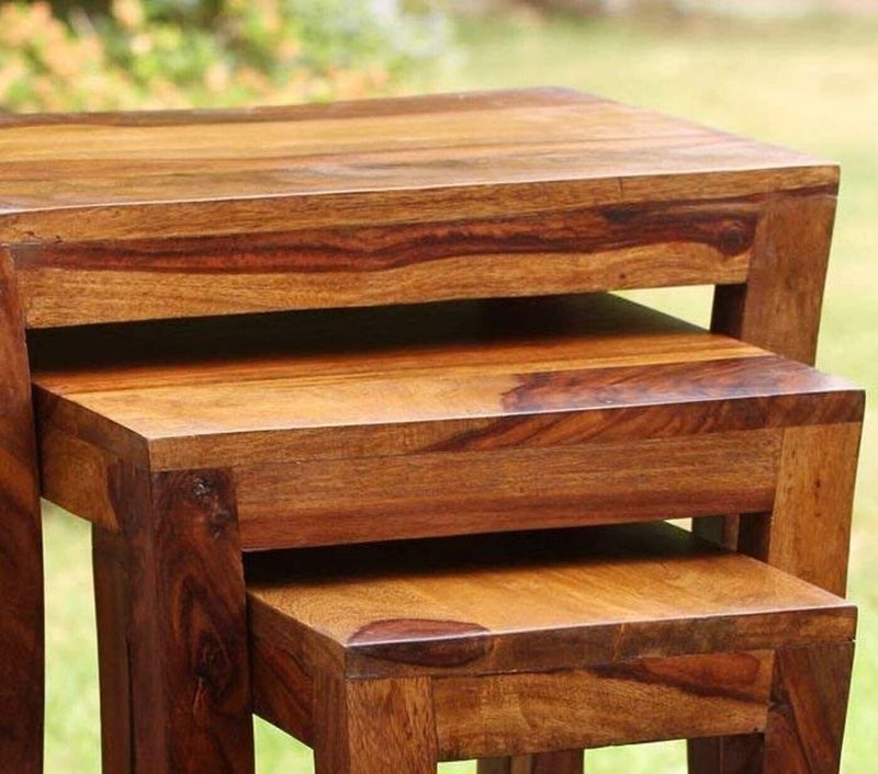 UNITEK FURNITURE UNITEK FURNITURE Sheesham Wood Nesting Tables Set of 3 Stools Honey Finsih Solid Wood Nesting Table Finish Color Honey Finsih Set of 3  - Image 2