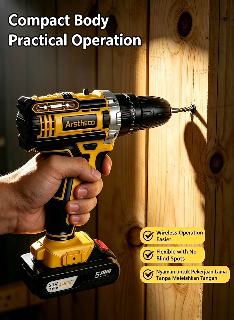 Arstheco 21V Cordless Impact Drill, 25+1 Torque Electric Power Screwdriver with LED Light, Rechargeable Drill Set for Home DIY & Professional Use - Image 4