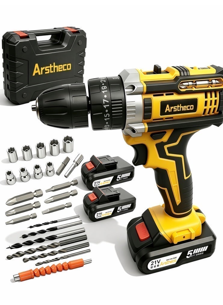 Arstheco 21V Cordless Impact Drill, 25+1 Torque Electric Power Screwdriver with LED Light, Rechargeable Drill Set for Home DIY & Professional Use - Image 1