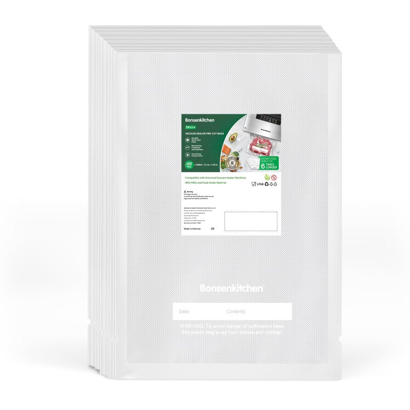 Bonsenkitchen Precut Vacuum Sealer Bags, 100 Gallon 11" x 16" Food Sealer Bags, Food Grade, BPA Free, Heavy Duty, Customized Vacuum Bags for Vac Storage, Meal Prep or Sous Vide Cooking, VB3214 - Image 1