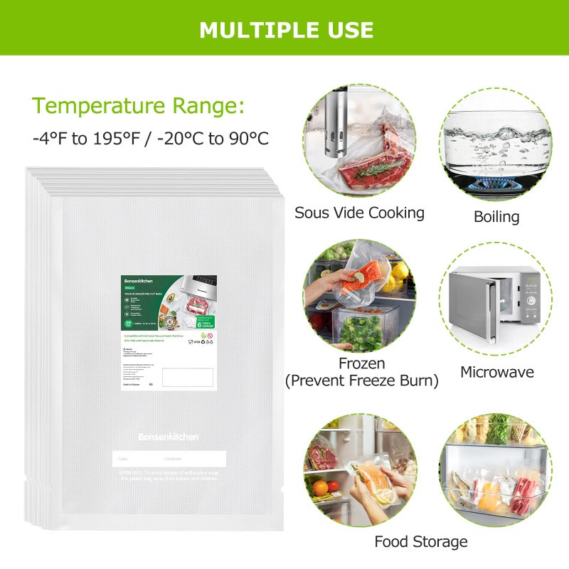 Bonsenkitchen Precut Vacuum Sealer Bags, 100 Gallon 11" x 16" Food Sealer Bags, Food Grade, BPA Free, Heavy Duty, Customized Vacuum Bags for Vac Storage, Meal Prep or Sous Vide Cooking, VB3214 - Image 3
