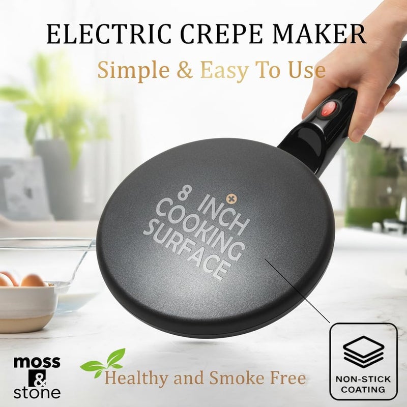 Moss & Stone Electric Crepe Maker – 8” Portable Crepe Pan Nonstick with Dipping Plate, Auto Shut-Off, On/Off Switch, Even Heating & One Automatic Temperature Control – Compact Crepe Maker - Image 3