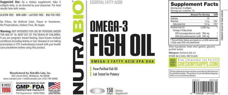 NutraBio مكملات زيت السمك أوميغا 3 من نوترا بايو 2000 ملغ 150 كبسولة لينة - Image 5