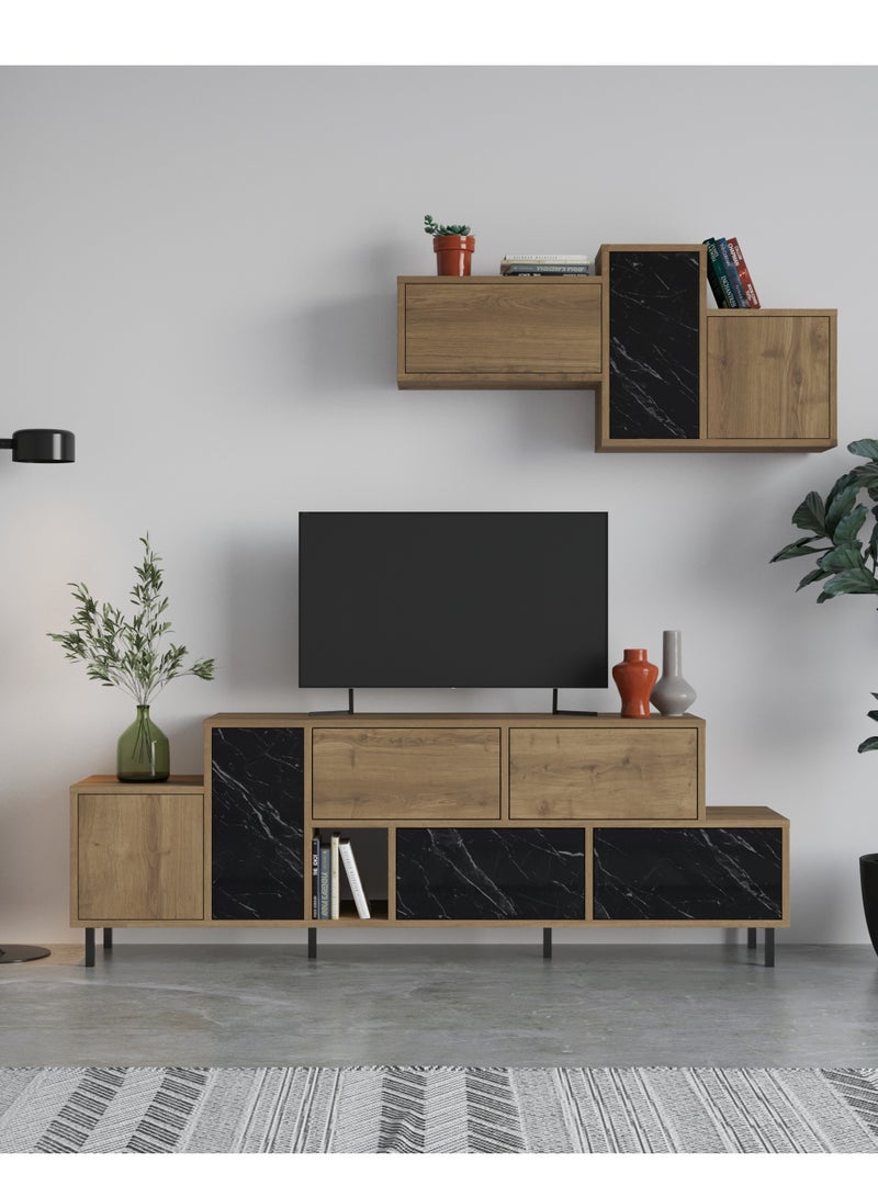 Mourah Home Hermes Tv Stand Tv Up To 50 Inch With Shelf |4 Drawer Storage 2 Door Storage|Modern Tv Unit Cabinet|171.2X35.6X180 Cm| Brown Matt Black Marble- 2 Years Warranty - Image 1
