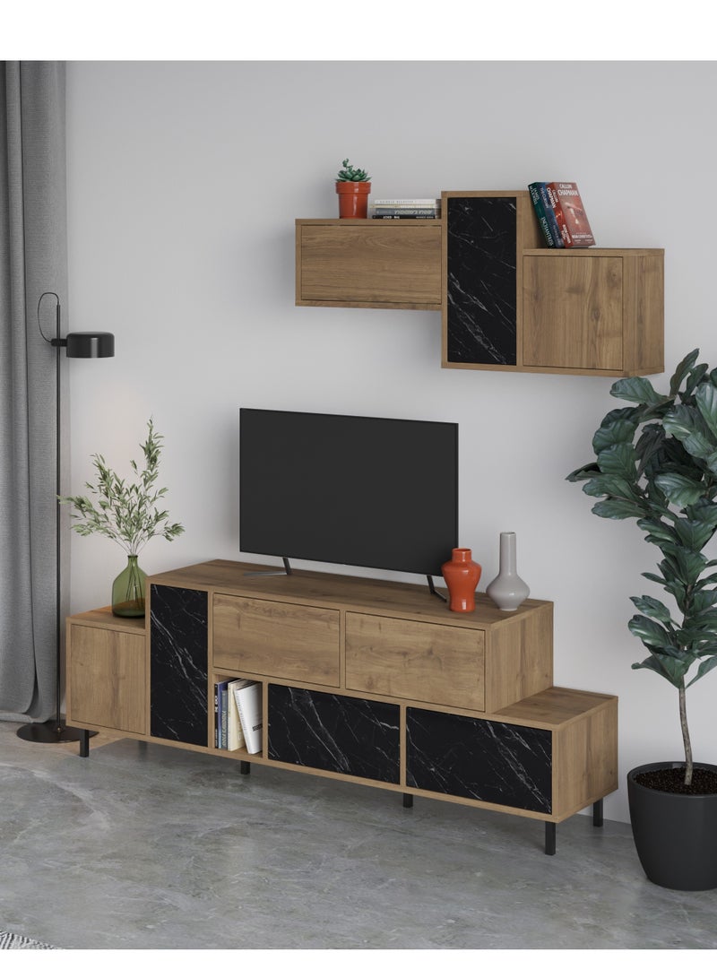 Mourah Home Hermes Tv Stand Tv Up To 50 Inch With Shelf |4 Drawer Storage 2 Door Storage|Modern Tv Unit Cabinet|171.2X35.6X180 Cm| Brown Matt Black Marble- 2 Years Warranty - Image 2
