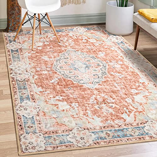 MUJOO Boho Rug 3'x5' Machine Washable Area Rugs Small Non Slip for Entryway Bedroom Bedside Kitchen Hallway Living Room Laundry Indoor Mat Soft Low-Pile Floral Orange Navy Blue - Image 1