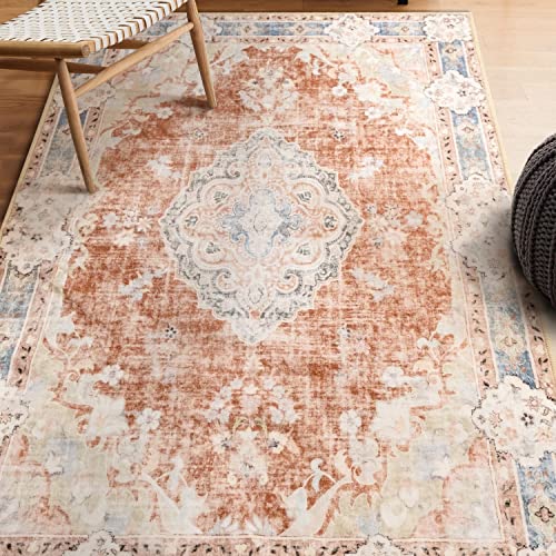 MUJOO Boho Rug 3'x5' Machine Washable Area Rugs Small Non Slip for Entryway Bedroom Bedside Kitchen Hallway Living Room Laundry Indoor Mat Soft Low-Pile Floral Orange Navy Blue - Image 2