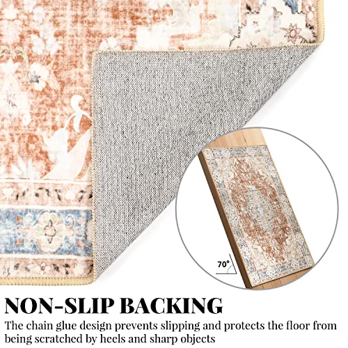 MUJOO Boho Rug 3'x5' Machine Washable Area Rugs Small Non Slip for Entryway Bedroom Bedside Kitchen Hallway Living Room Laundry Indoor Mat Soft Low-Pile Floral Orange Navy Blue - Image 4