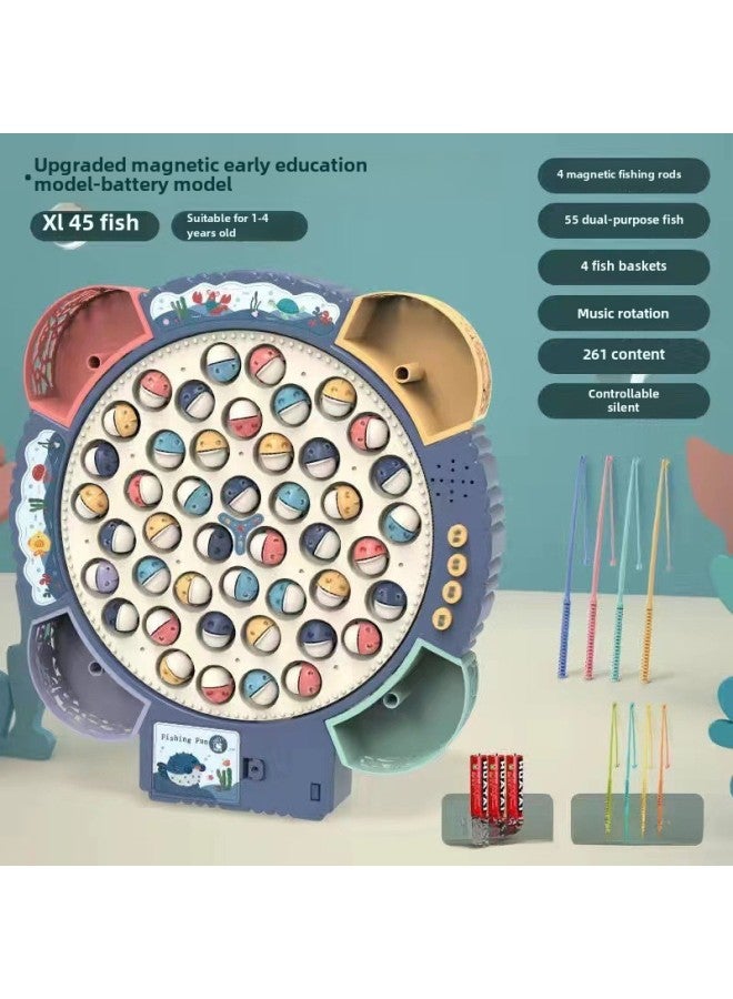Children's Multifunctional Electric Rotating Magnetic Fishing Plate Toy 2-3 Years Old Baby Two Years Old Early Education Puzzle-Color:Blue [Magnetic Battery 1-4 Years Old] 55 Pairs Of Fish +8 Rods + Music Early Education (adjustable Mute)  - Image 1