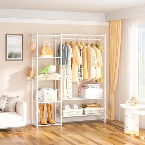 Neprock Clothing Racks for Hanging Clothes with Shelves, Portable Closet System Organizer Garment Rack for Clothes Storage, Metal Free Standing Wardrobe Clothes Organizer(White) - Image 3