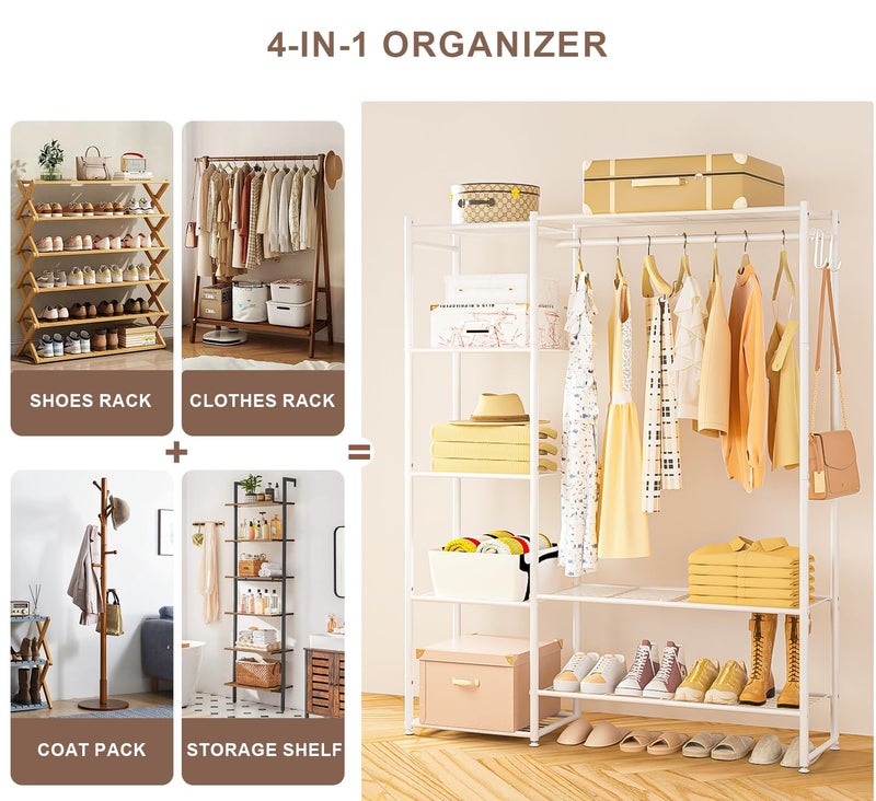 Neprock Clothing Racks for Hanging Clothes with Shelves, Portable Closet System Organizer Garment Rack for Clothes Storage, Metal Free Standing Wardrobe Clothes Organizer(White) - Image 4