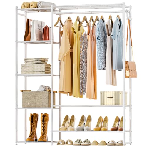 Neprock Clothing Racks for Hanging Clothes with Shelves, Portable Closet System Organizer Garment Rack for Clothes Storage, Metal Free Standing Wardrobe Clothes Organizer(White) - Image 1