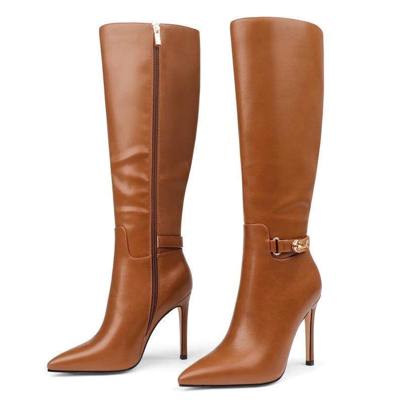 COLETER Women's Knee High Boots Pointed Toe Stiletto Buckle Dress Boots Zipper Heeled Boots Matte Brown 10.5US - Image 1