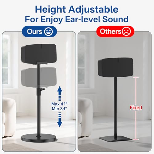 Yibracki Height Adjustable Floor Speaker Stand for Sonos Five & Play:5, Vertical or Horizontal Placement, Metal Sonos 5 Speaker Stand with Cable Management (Black, 1 Pack) - Image 3