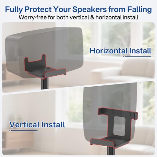 Yibracki Height Adjustable Floor Speaker Stand for Sonos Five & Play:5, Vertical or Horizontal Placement, Metal Sonos 5 Speaker Stand with Cable Management (Black, 1 Pack) - Image 4