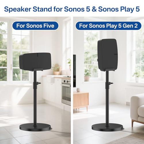 Yibracki Height Adjustable Floor Speaker Stand for Sonos Five & Play:5, Vertical or Horizontal Placement, Metal Sonos 5 Speaker Stand with Cable Management (Black, 1 Pack) - Image 2