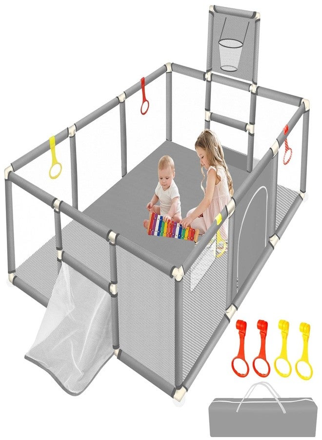 Hevasnek Foldable Baby Playpen with Basketball Hoop Spacious Baby Playard Safety Fence Indoor Outdoor Play Yard Toddler Safety Fence Kids Activity Durable Play Enclosure Grey - Image 1