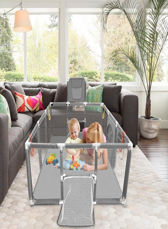Hevasnek Foldable Baby Playpen with Basketball Hoop Spacious Baby Playard Safety Fence Indoor Outdoor Play Yard Toddler Safety Fence Kids Activity Durable Play Enclosure Grey - Image 4