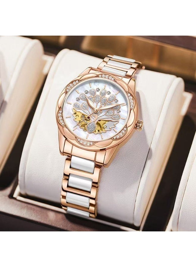 Women's Diamond-Accented Automatic Mechanical Watch - Waterproof Peacock Luxury Minimalist Wristwatch - Image 1
