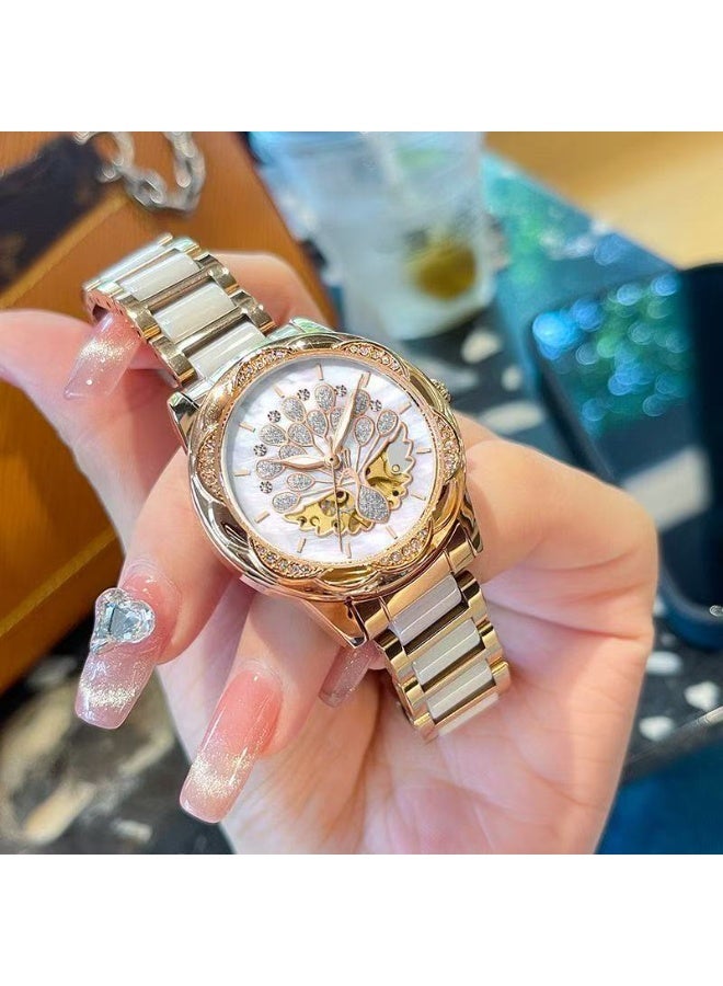 Women's Diamond-Accented Automatic Mechanical Watch - Waterproof Peacock Luxury Minimalist Wristwatch - Image 3