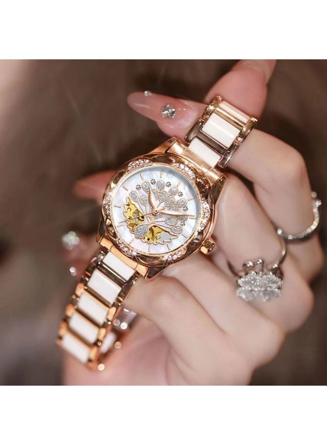 Women's Diamond-Accented Automatic Mechanical Watch - Waterproof Peacock Luxury Minimalist Wristwatch - Image 4