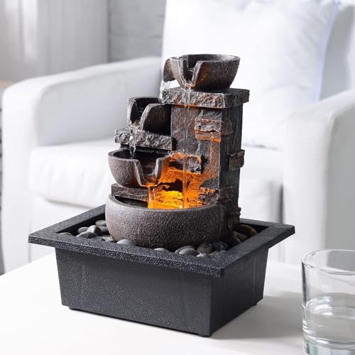Kalona Décor Desktop Fountain - 10" 4-Tier Design with Imitation Stone, Indoor Waterfall Tabletop River Rocks & Resin Material for Serene Meditation & Relaxation - Ideal for Home & Office Decor - Image 5