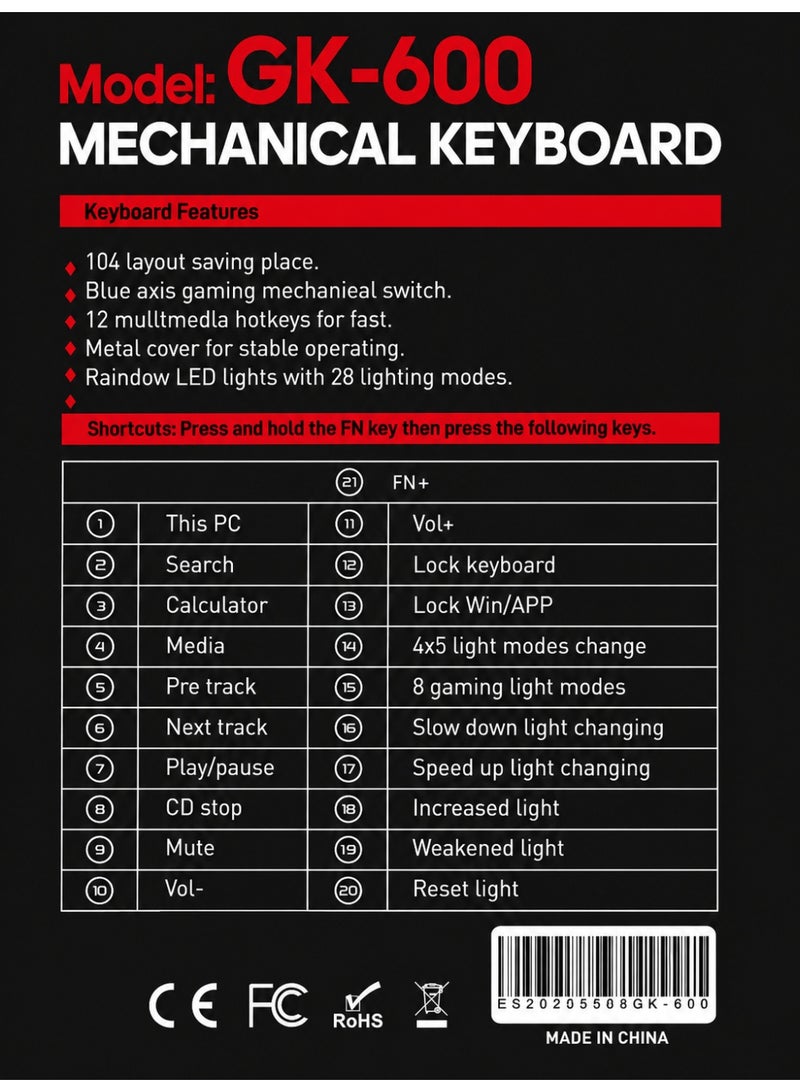 iMICE GK600 Mechanical Gaming Keyboard 104 Keys Multi Color RGB Wired USB Full Size Keyboard for PC Laptop Gaming - Image 3