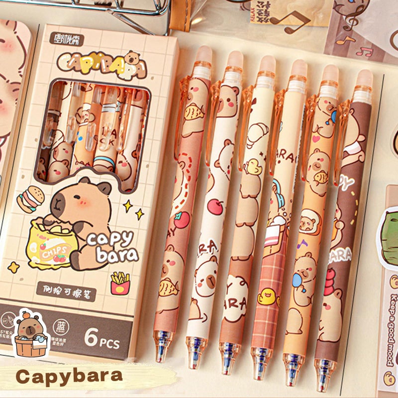 Rexinc 6PCs Capybara Mechanical Erasable Gel Pens, Cute Animal Cartoon Capibara Back to School Supplies, 0.5mm Blue Ink Kapibara Pens Office Kids Students Girls Boys Party Birthday Favors - Image 3