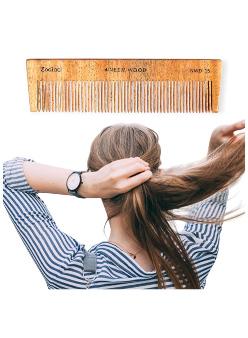 زودياك مشط شعر من خشب النيم من زودياك لنمو الشعر، ومكافحة القشرة، وتقليل تساقطه | أسنان واسعة ورفيعة NWD 15