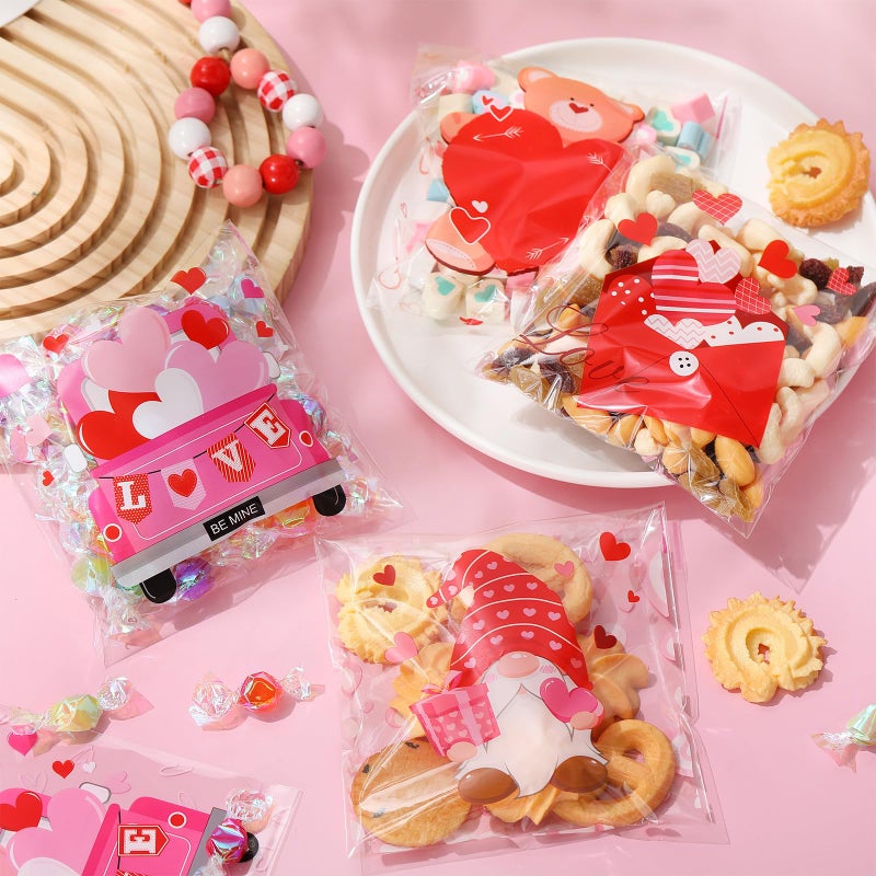 Frienda 320 Pieces Heart Treat Bags Self Adhesive Cellophane Bags Bulk Small Plastic Cookie Clear Candy Baggies For Chip Sandwich Cookie Food Gifts Packing  4 Style - Image 4