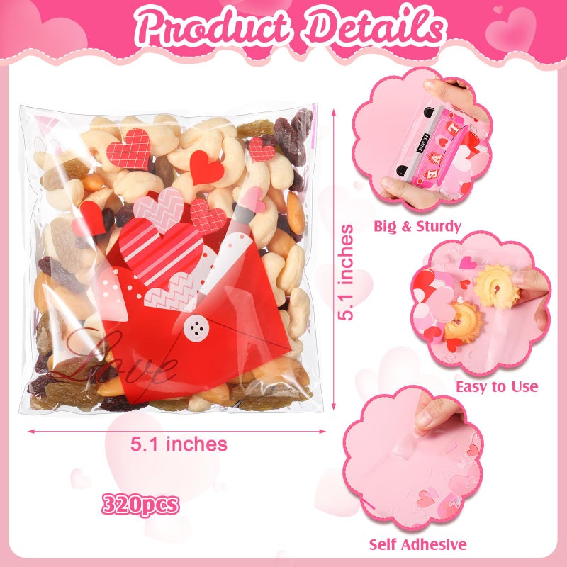 Frienda 320 Pieces Heart Treat Bags Self Adhesive Cellophane Bags Bulk Small Plastic Cookie Clear Candy Baggies For Chip Sandwich Cookie Food Gifts Packing  4 Style - Image 2
