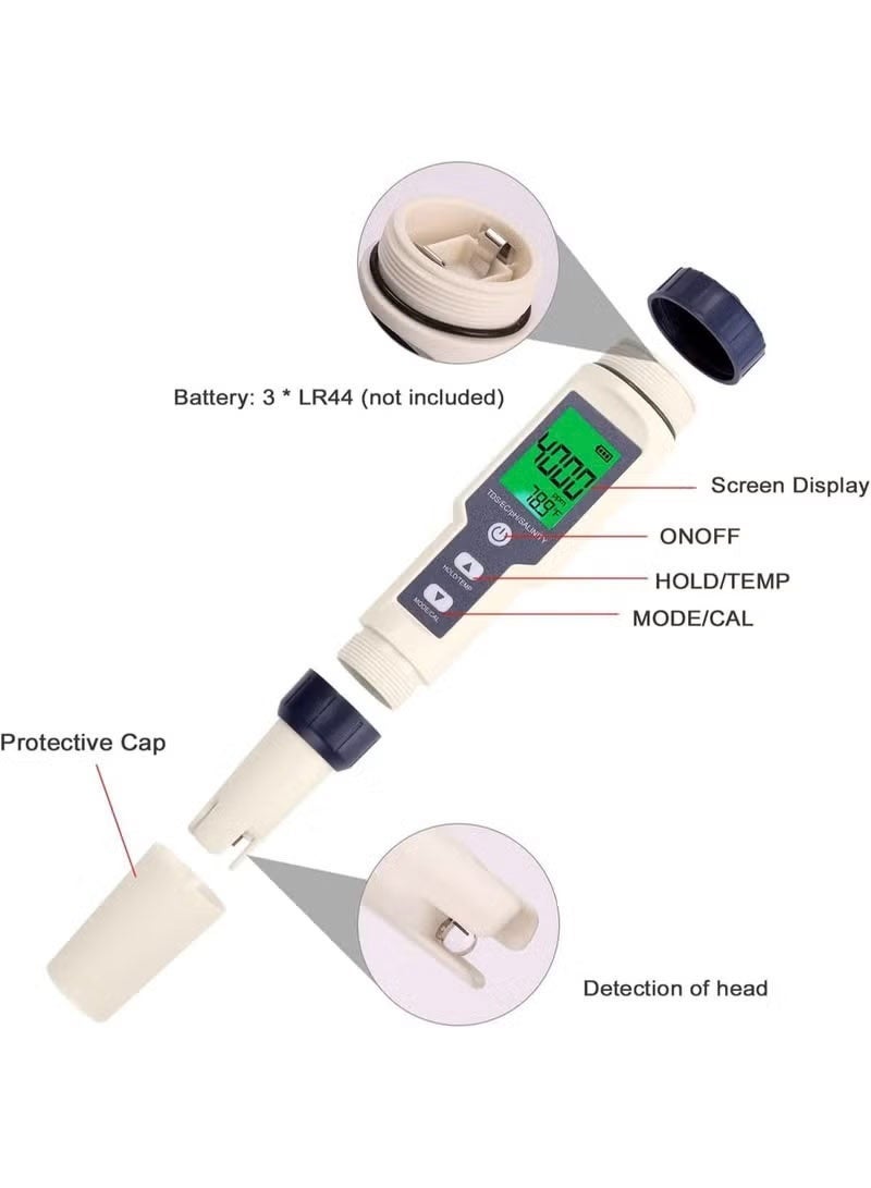 KIIUMI 5 in 1 PH Meter, Professional Multi-parameter Combo Testing Meter，PH/TDS/EC/Salinity/Temp Meter for Water, High Accuracy Water Testing Kits for Drinking Water, Pools, Fish Tank, and Hydroponics - Image 4