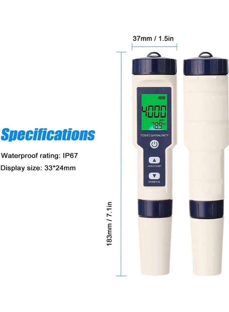 KIIUMI 5 in 1 PH Meter, Professional Multi-parameter Combo Testing Meter，PH/TDS/EC/Salinity/Temp Meter for Water, High Accuracy Water Testing Kits for Drinking Water, Pools, Fish Tank, and Hydroponics - Image 2