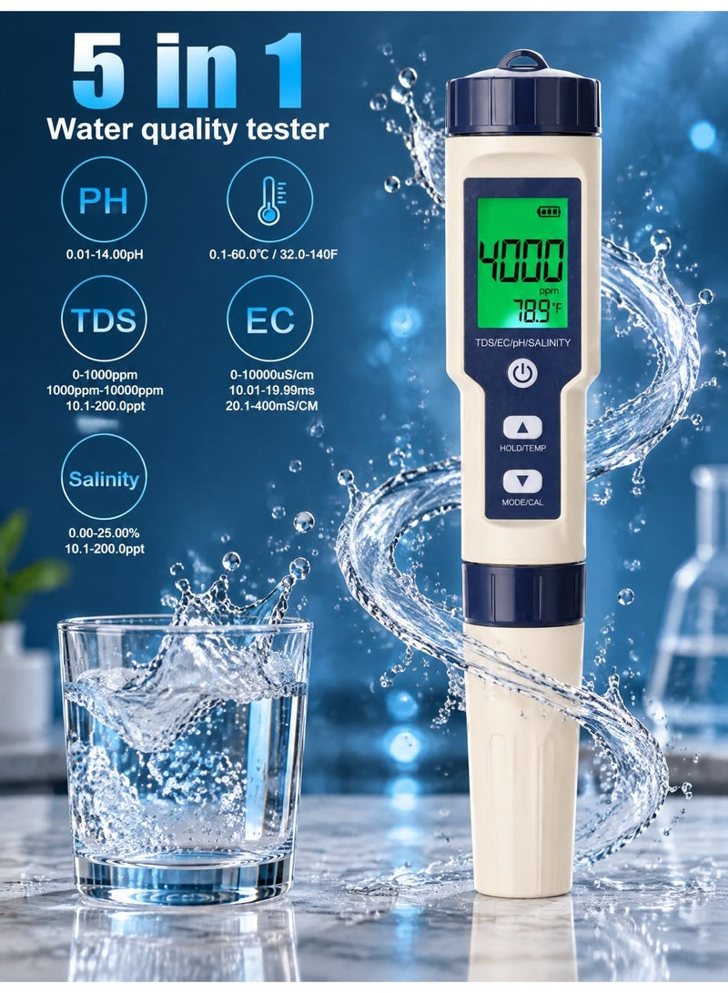 KIIUMI 5 in 1 PH Meter, Professional Multi-parameter Combo Testing Meter，PH/TDS/EC/Salinity/Temp Meter for Water, High Accuracy Water Testing Kits for Drinking Water, Pools, Fish Tank, and Hydroponics - Image 1